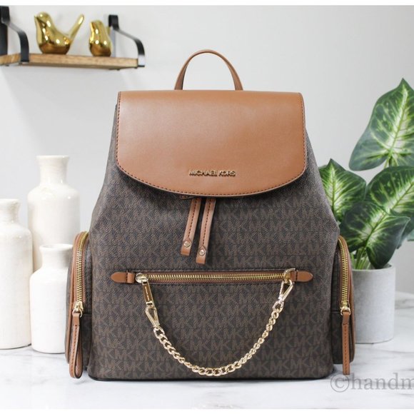 NWT Michael Kors Jet Set Large Brown Signature PVC Chain Backpack Flap Book Bag - Picture 2 of 10